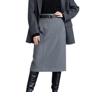 Vintage 90s Japanese worsted wool blend grey minimalist straight midi skirt